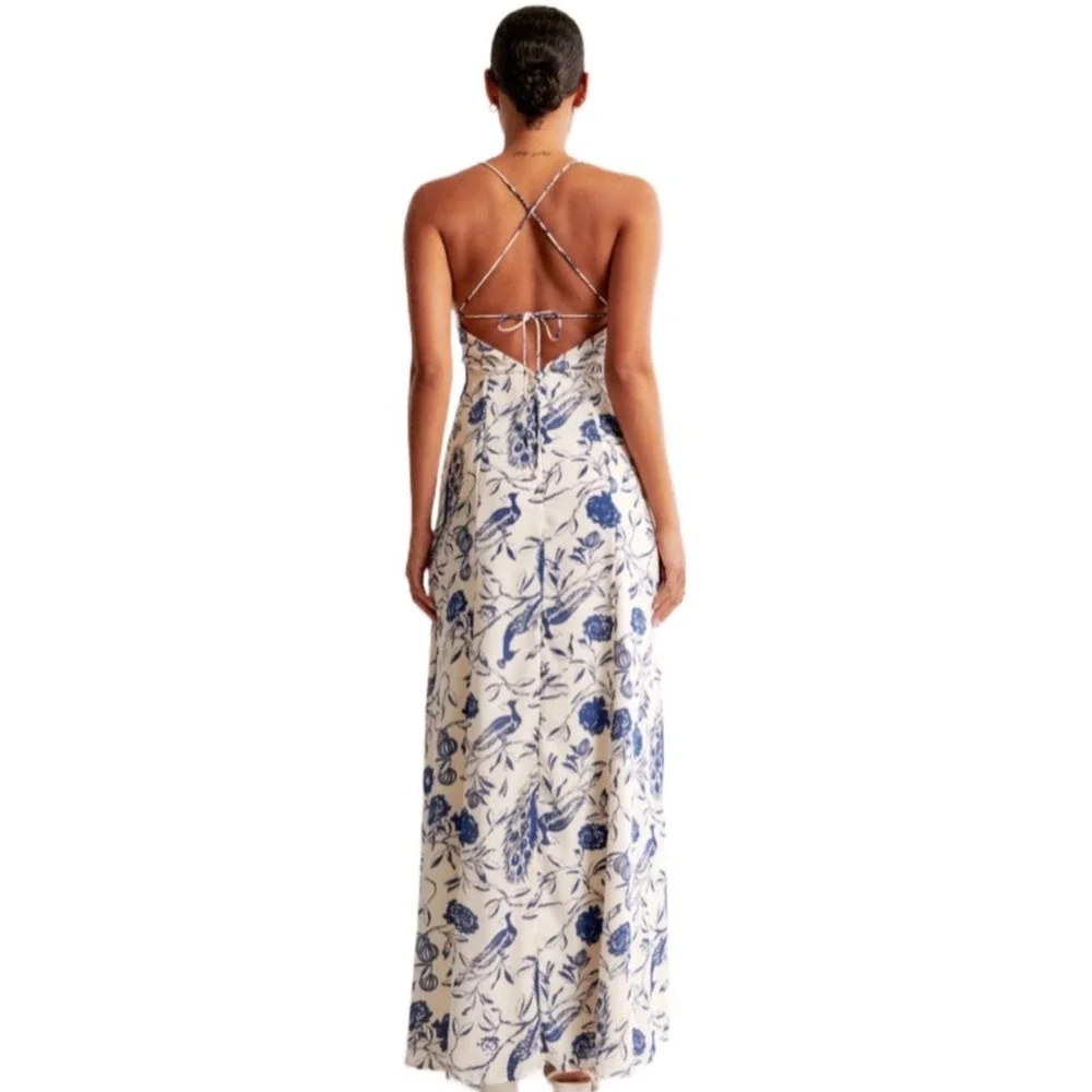 Abercrombie & Fitch Blue White Peacock Toile Maxi Dress XL Lace Up Back Slit